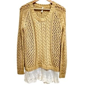 Pol Cable Open Knit Yellow Sweater Floral Lace Hem Raglan Sleeve Oversized S